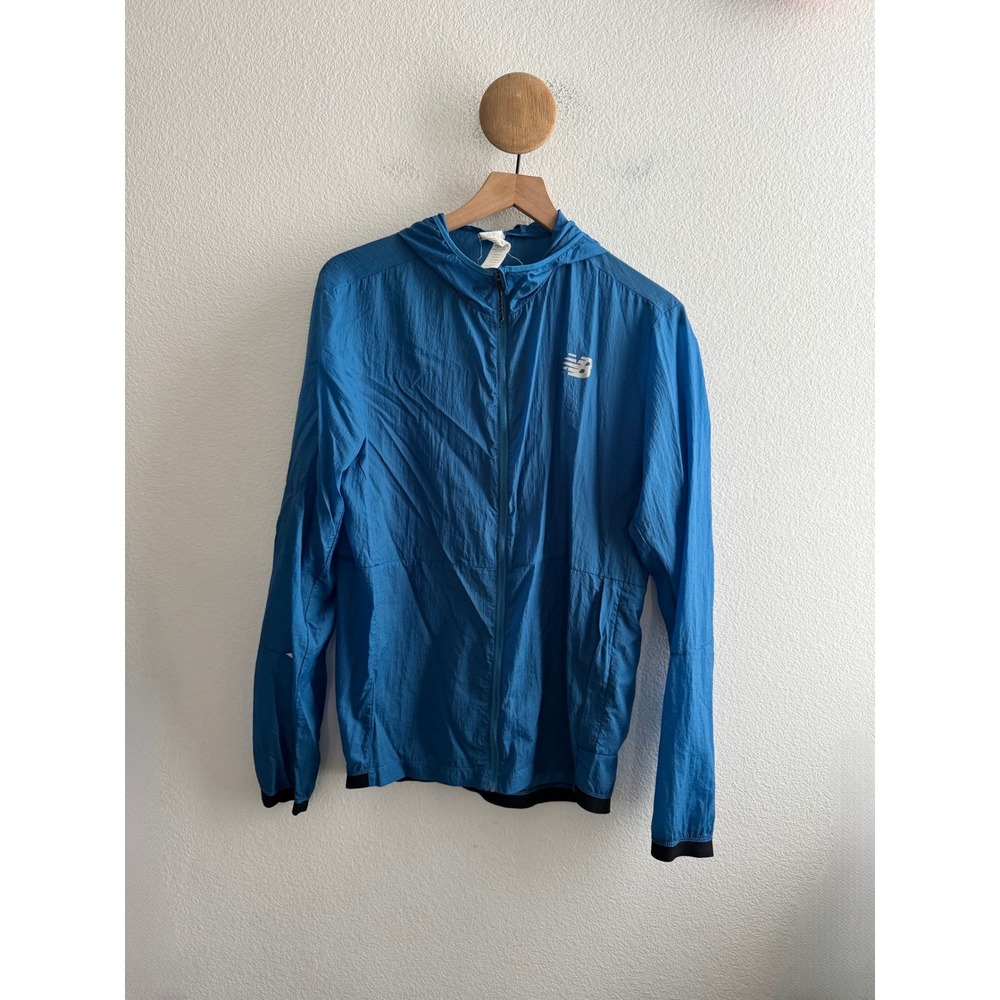 New Balance Running Blue Packable Windbreaker Jacket Mens Small Full Zip Hooded